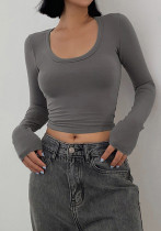 Camiseta feminina de manga longa primavera verão curta feminina com gola redonda Moda básica casual Tops