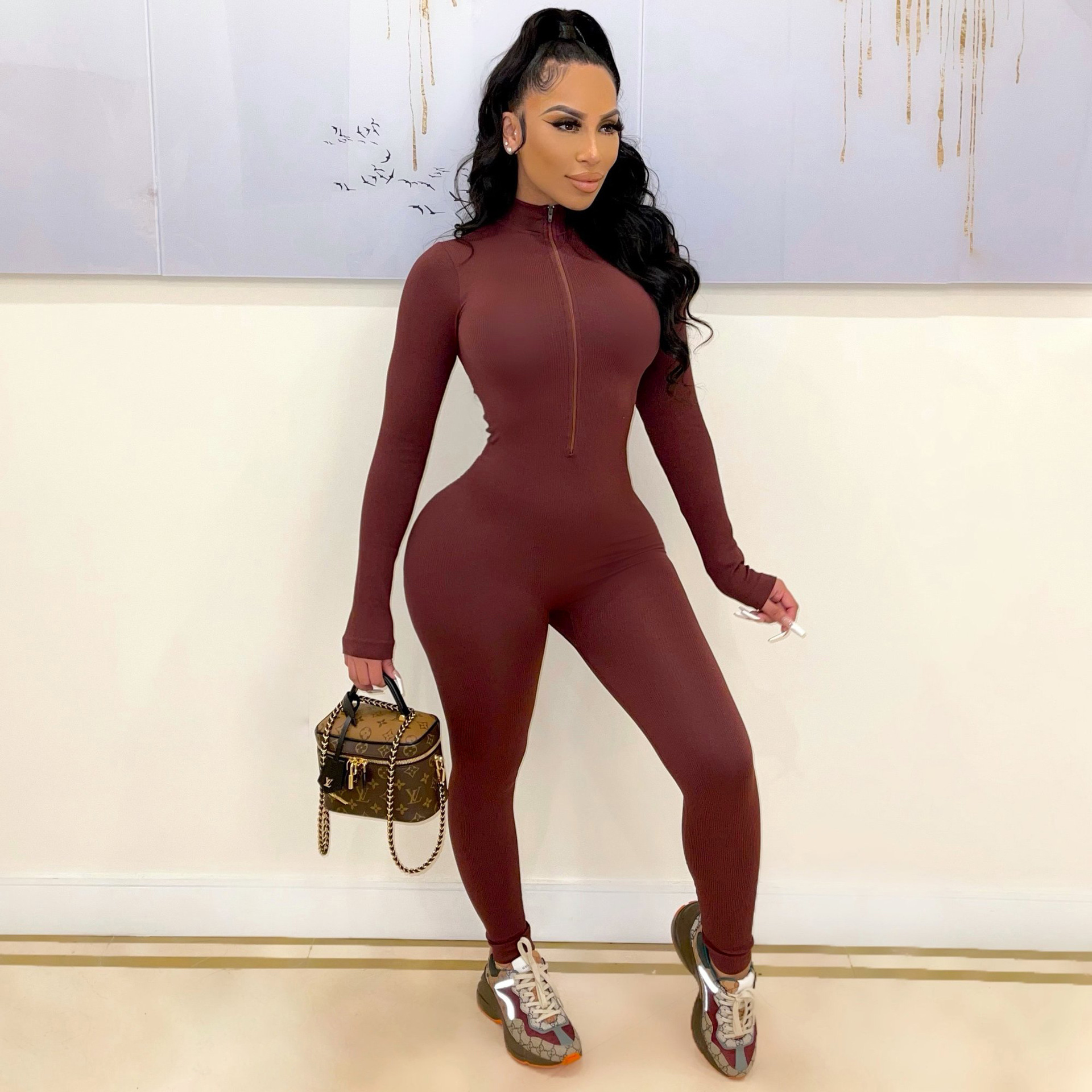 Women Jumpsuit Single-breasted Long Sleeve Solid Color Tight
