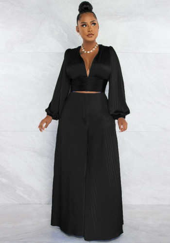 Pleated V-neck top & wide leg pant two piece set