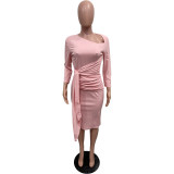 Women Spring Solid Lace-Up Ruched Slash Shoulder Dress