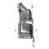 Conjunto de dos piezas de falda sexy plisada y top sin mangas con hombros descubiertos y cordones de color sólido para mujer
