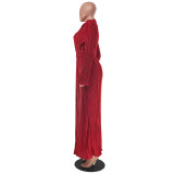 Kadın seksi yarık v yaka uzun kollu pileli elbise