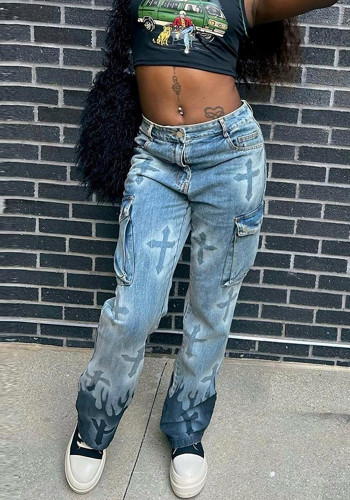 Женские джинсовые брюки с принтом Cross Flame Pocket