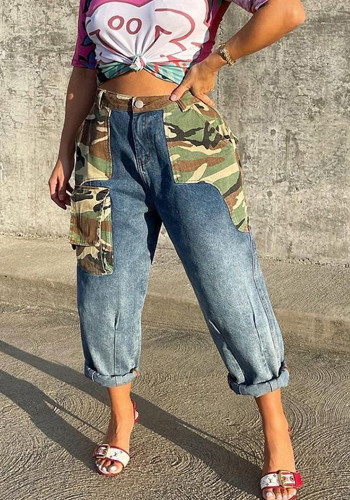 Женские джинсовые прямые брюки в стиле пэчворк с накладными карманами