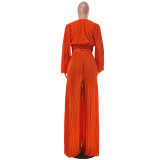 Women sexy pleated v-neck top and wide-leg pants two-piece set