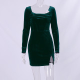 Autumn and winter velvet dress Christmas square collar Low Back tie Bodycon dress