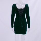 Autumn and winter velvet dress Christmas square collar Low Back tie Bodycon dress