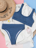 Bikini color sólido poliéster + Spandex cintura alta bikini traje de baño mujer