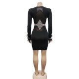Kadın modası düz renk v yaka örgü Transparan kadınlar için uzun kollu saçaklı elbise