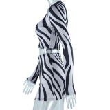 Sonbahar/Kış Zebra Modası Baskılı Crop Top Uzun Kollu Etek Takımı