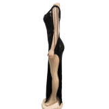 Damenmode einfarbig Pailletten Quaste ärmelloses Kleid mit V-Ausschnitt und niedrigem Rücken für Frauen