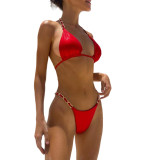 Sexy Tanga Bikini Cadena de metal Cuerda Traje de baño Dos piezas con cordones Traje de baño de color sólido para mujer