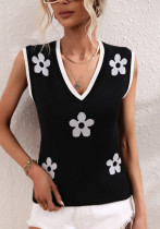 Frühlings- und Sommer-Damen-Strickhemd mit V-Ausschnitt, ärmellos, Strickblumen-Pullover