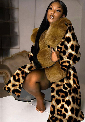 Manteau Imprimé Décontracté Sexy de Grande Taille avec Col en Fourrure Amovible