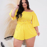 Women'S Spring Summer Pants Plus Size Polka Dot Off Shoulder Top Loose Shorts Two Piece Casual Set