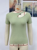 Spring And Summer Solid Color Loose Keyhole Short Sleeve Fashion Sexy Slim Women'S Knitting Shirt