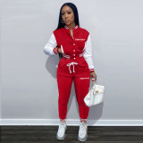 Women'S Fashion Color Block Jacket Single Breasted Letter Print Baseball Jersey Sweatpants Two Piece Tracksuit