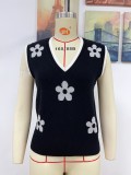 Spring And Summer Women'S Printed V-Neck Sleeveless Knitting Flower Pullover Women'S Knitting Shirt