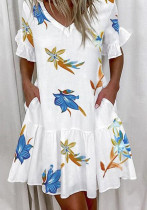 Women Printed Ruffle Pocket Dress