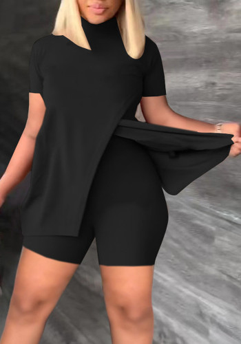 Women Turtleneck Slit Top And Shorts Two-Piece Set