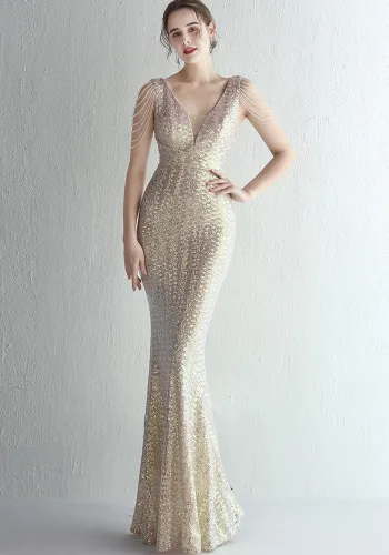 Women Beaded Iridescent Strapless Evening Dress