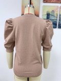 Women Round Neck Knitting Pleated Short Sleeve Solid Top
