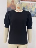 Women Round Neck Knitting Pleated Short Sleeve Solid Top