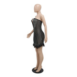 Женское модное платье без рукавов с оборками на груди и перьями из бисера