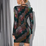 Autumn and winter Christmas dress Sexy sequin hollow color matching long-sleeved Bodycon dress