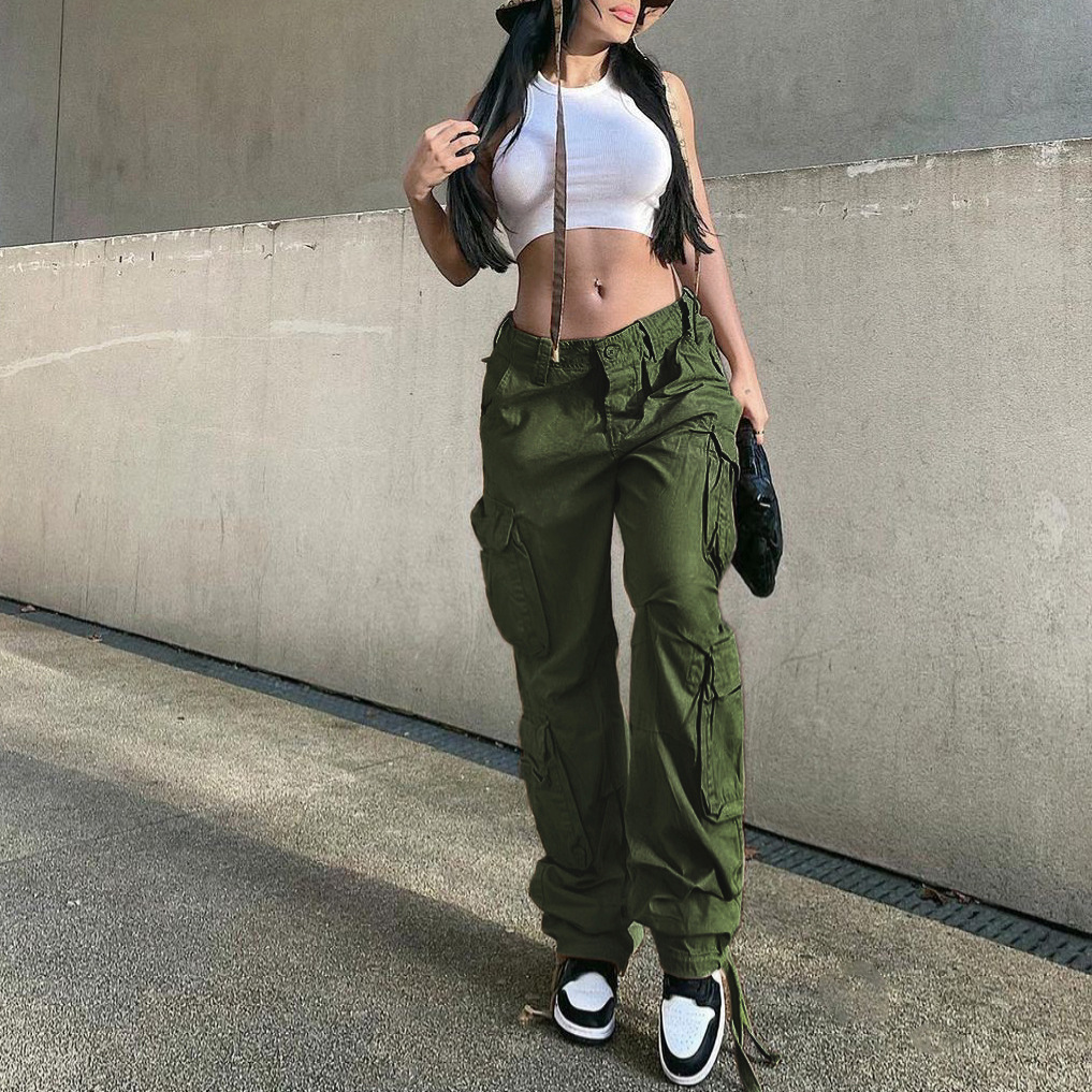 Spring Summer Women'S Cargo Straight Leg Trousers High Waist Loose Wide Leg Retro  Pants - The Little Connection