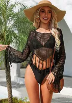 Summer Tassel Irregular Bikini Beach Shirt Hollow Knitting Sunscreen Blouse