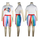 Ropa de mujer Labios Rayas Impreso Deportes Camiseta de manga corta Conjunto de pantalones cortos Conjunto de dos piezas