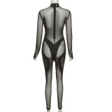 Spring Women'S Sexy Mesh See-Through Patchwork Slim High Waist Long Sleeve Jumpsuit