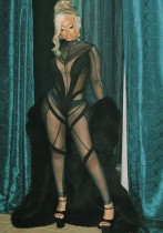Весенний женский сексуальный сетчатый прозрачный лоскутный облегающий комбинезон с высокой талией и длинными рукавами