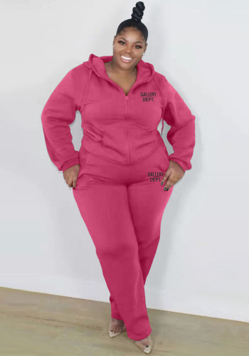 Plus Size Women'S Fashion Casual Solid Color Fall Winter Hooded Two Piece Tracksuits Set