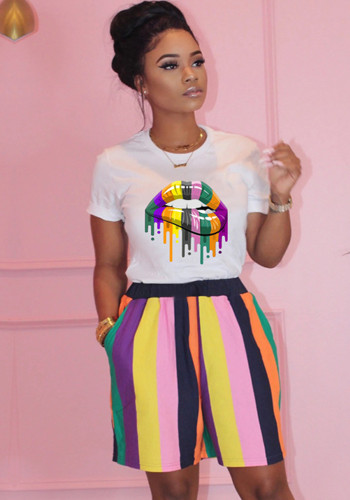Abbigliamento da donna Lips Stripes Stampato Sport T-shirt a maniche corte Pantaloncini Set in due pezzi