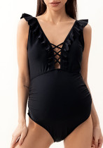 Bikini de una pieza para mujer, traje de baño de maternidad con volantes y plisado en la cintura lateral sólida