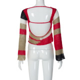 Suéter sin espalda de manga larga con bloque de color para mujer