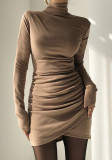Женское сплошное цветное платье с вырезом под горло, сексуальное плиссированное облегающее платье