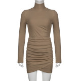 Women Solid Color Mock Neck Sexy Pleated Bodycon Dress