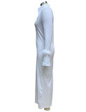 Vestido maxi de plumas de manga larga con cuello vuelto para mujer