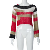 Suéter sin espalda de manga larga con bloque de color para mujer