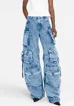Women Fashion Patchwork Pocket Cargo Wide Leg Pants