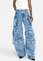 Pantalones de pierna ancha de carga con bolsillo de patchwork de moda para mujer