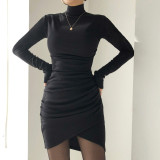 Women Solid Color Mock Neck Sexy Pleated Bodycon Dress