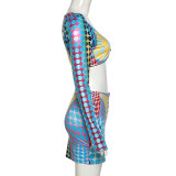 Conjunto de falda informal de manga larga con estampado digital de cuello bajo para damas de primavera