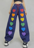 Pantalones de mezclilla sueltos con estampado de corazón de tendencia Hip Hop, pantalones casuales de cintura alta de invierno para mujer