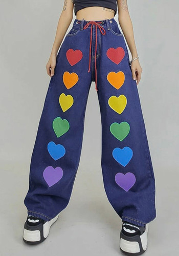 Pantaloni larghi in denim con stampa multicolore con stampa a cuore Hip Hop Trend Pantaloni casual a vita alta invernali da donna