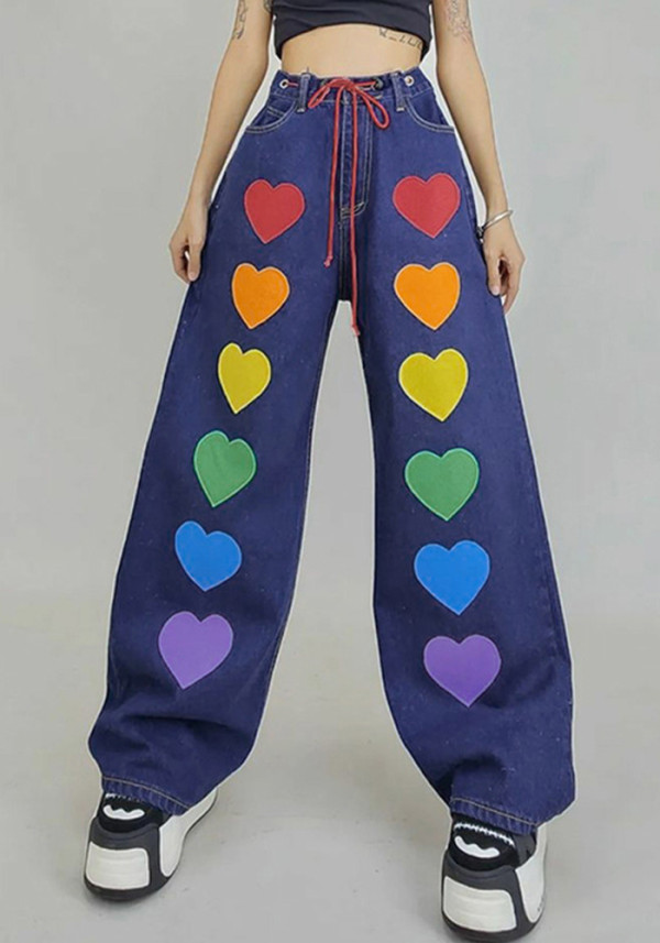 Pantalones de mezclilla sueltos con estampado de corazón de tendencia Hip Hop, pantalones casuales de cintura alta de invierno para mujer