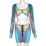 Conjunto de falda informal de manga larga con estampado digital de cuello bajo para damas de primavera